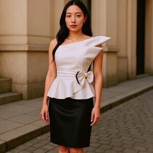 Vintage JCPenney White Satin Peplum Top Rhinestone Bow Size 9 10